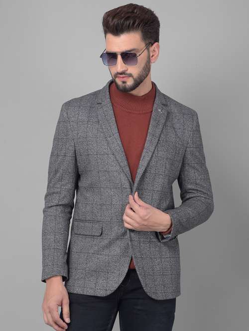 men checkered grey polyester single breasted casual blazer - 20478718 -  Standard Image - 0