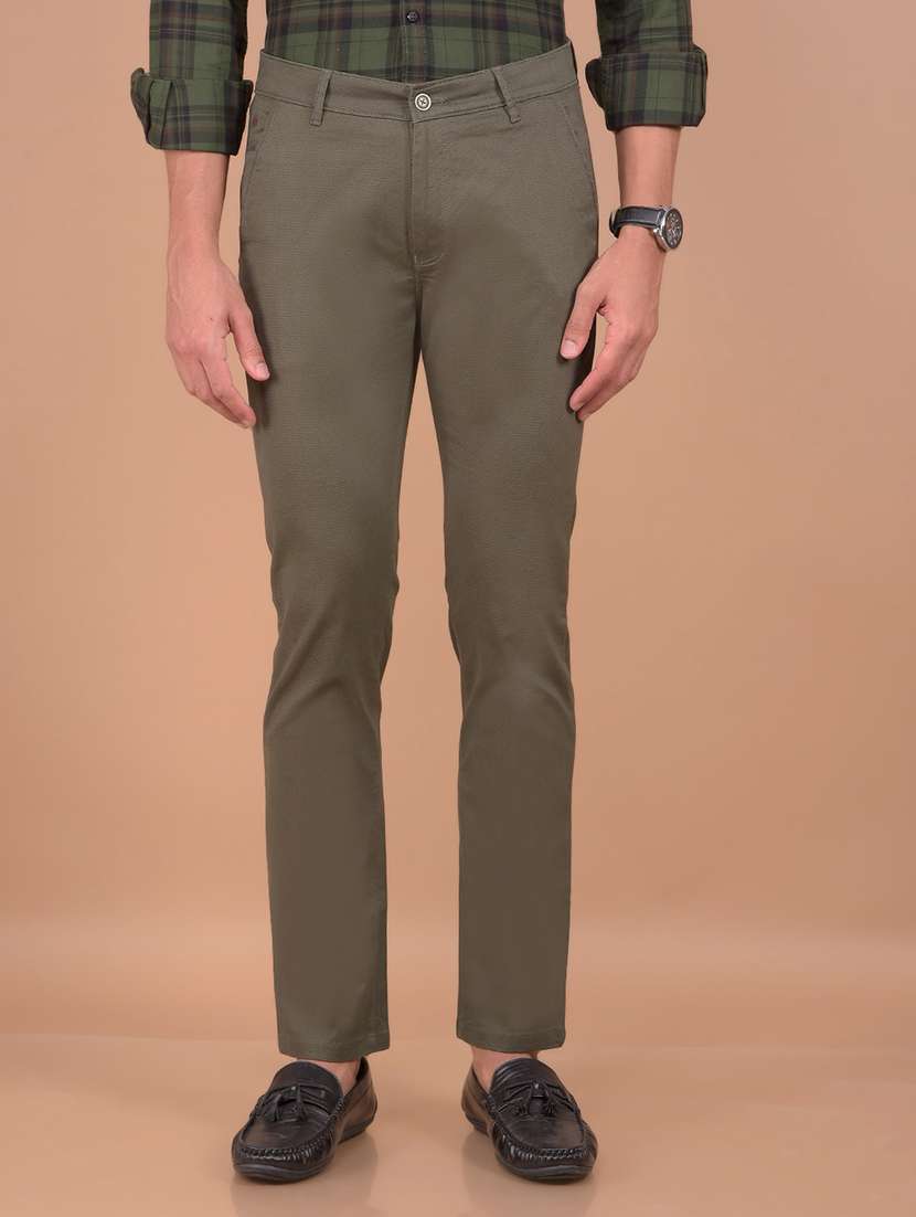 mne solid brown cotton slim fit casual trouser