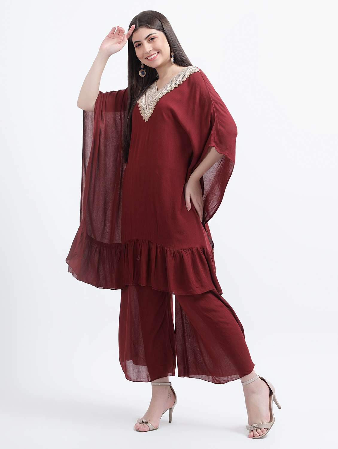 maroon kaftan set with lace 
