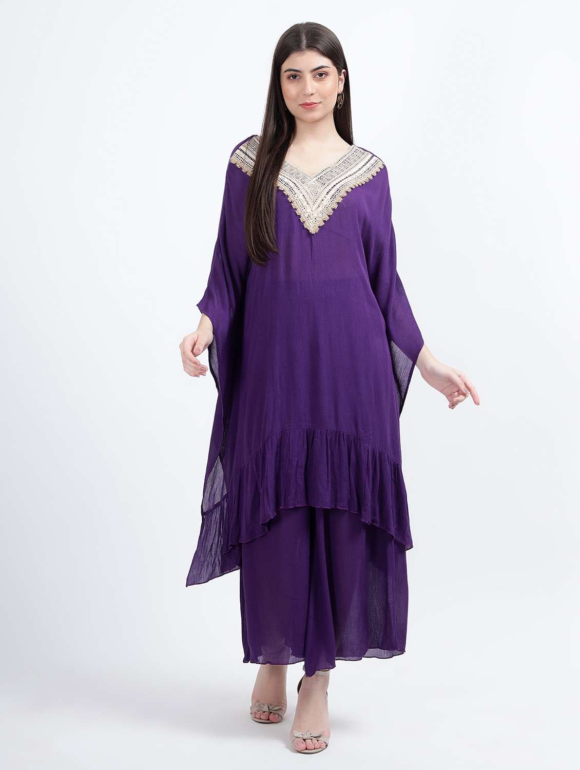 women solid kaftan and palazzo set