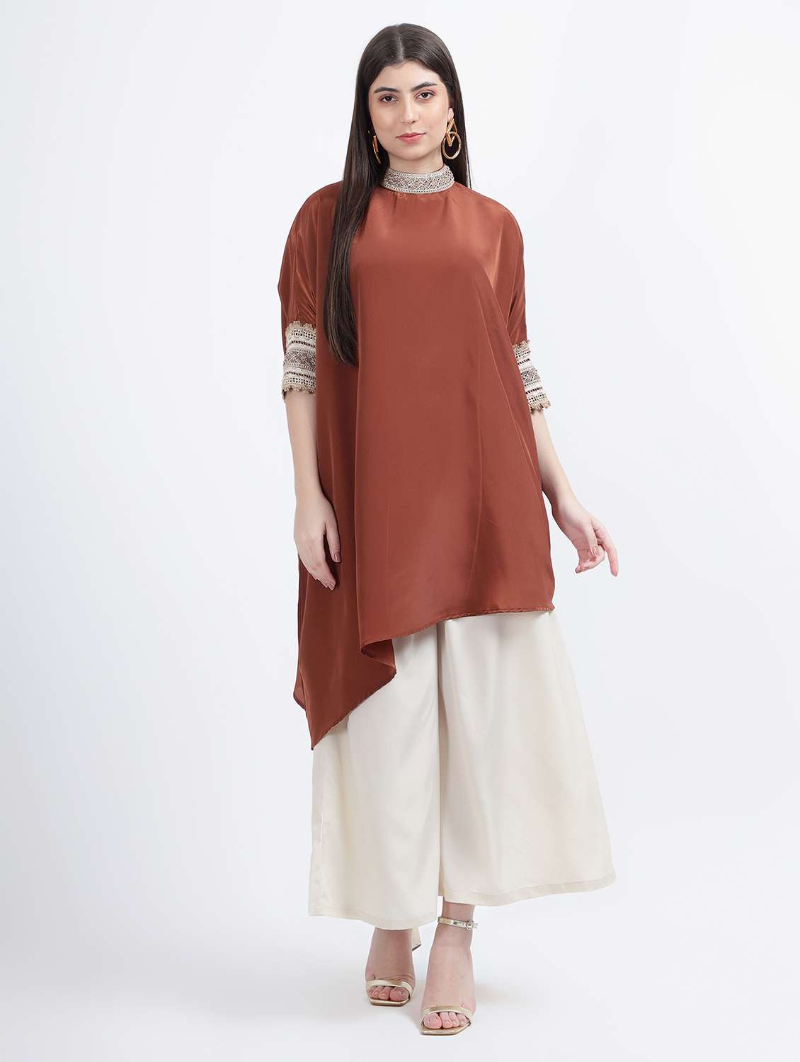 women brown solid kaftan set