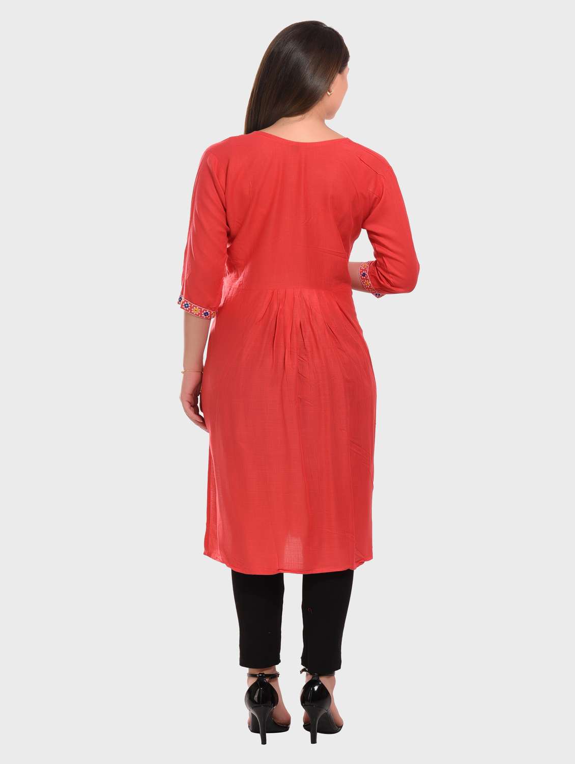 red embroidered rayon straight kurta - 20479176 -  Standard Image - 2
