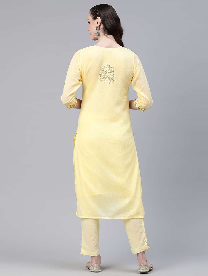women yellow round neck kurta pant set  - 20483648 -  Standard Image - 2