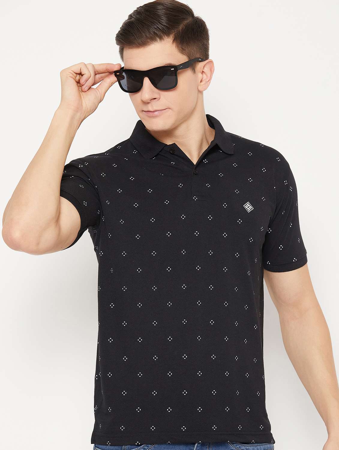 black micro printed polo t-shirt