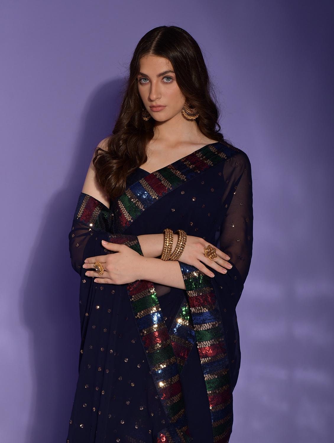 navy blue solid with work saree with blouse - 20484459 - Standard Image - 2