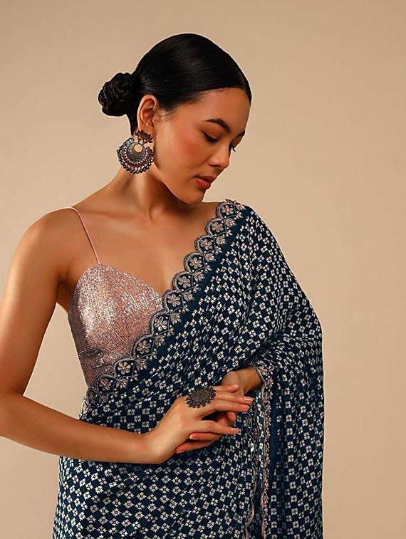 teal embroidered & sequins work saree with blouse - 20484468 - Standard Image - 2