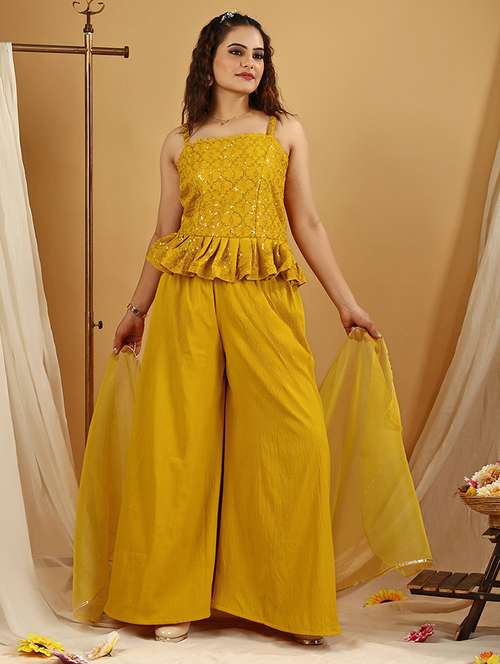 women yellow sequin work fusion set - 20484564 - Standard Image - 0