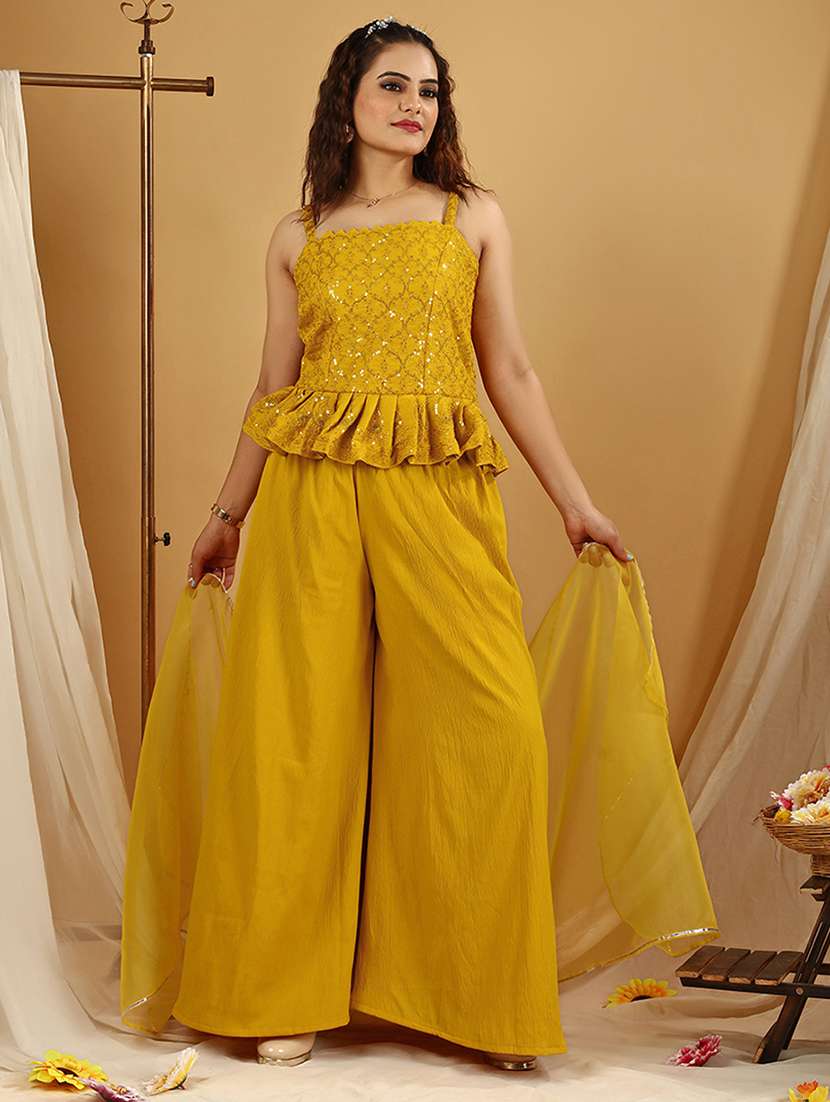 women yellow sequin work fusion set
