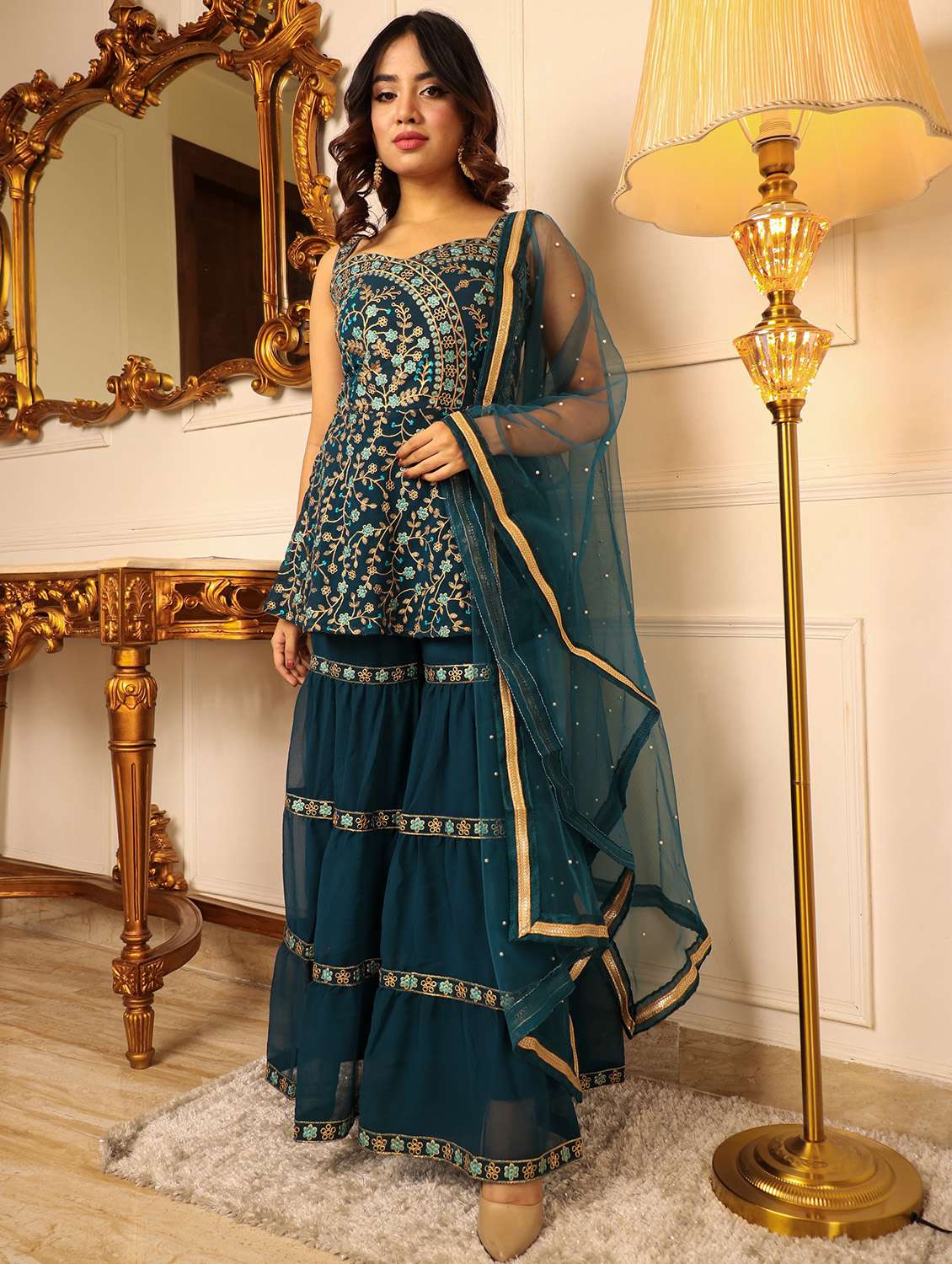 Women Teal Sleeveless Kurta Sharara With Dupatta Set