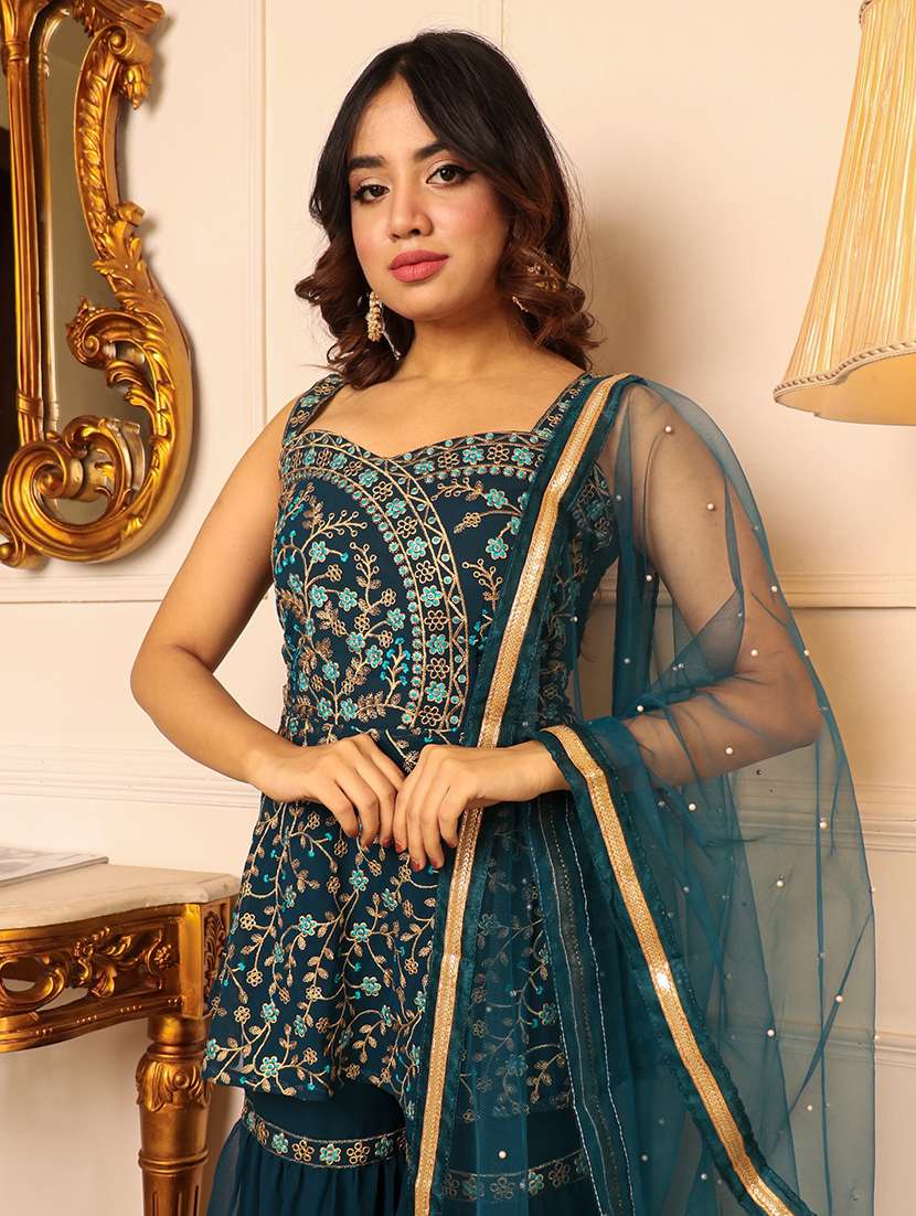 Women Teal Sleeveless Kurta Sharara With Dupatta Set