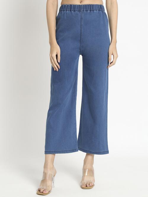 women solid blue denim wide leg trouser - 20484657 -  Standard Image - 0