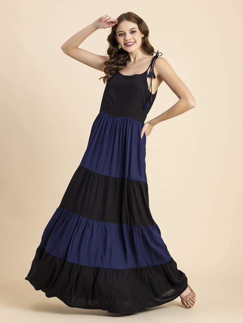 navy blue and black color block tiered dress - 20484885 -  Zoom Image - 0