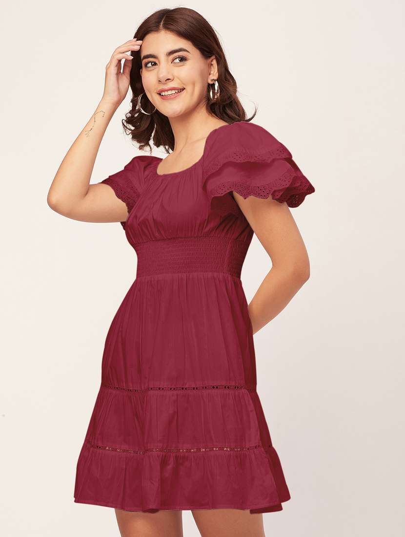 maroon self design tiered dress - 20484896 -  Standard Image - 2