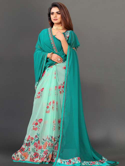 women's floral turquoise colored saree with blouse - 20485071 -  Standard Image - 0