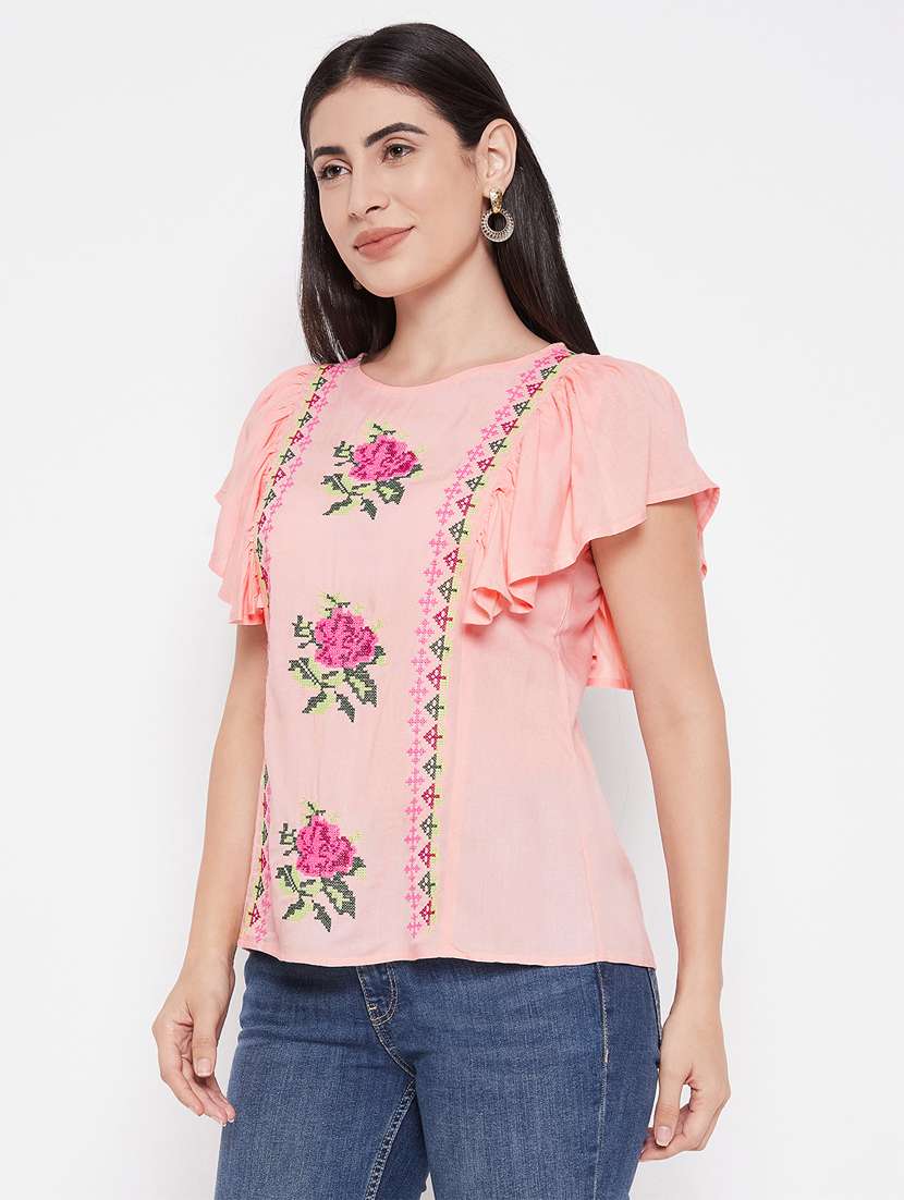 peach embroidered regular tunic - 20485689 -  Standard Image - 2