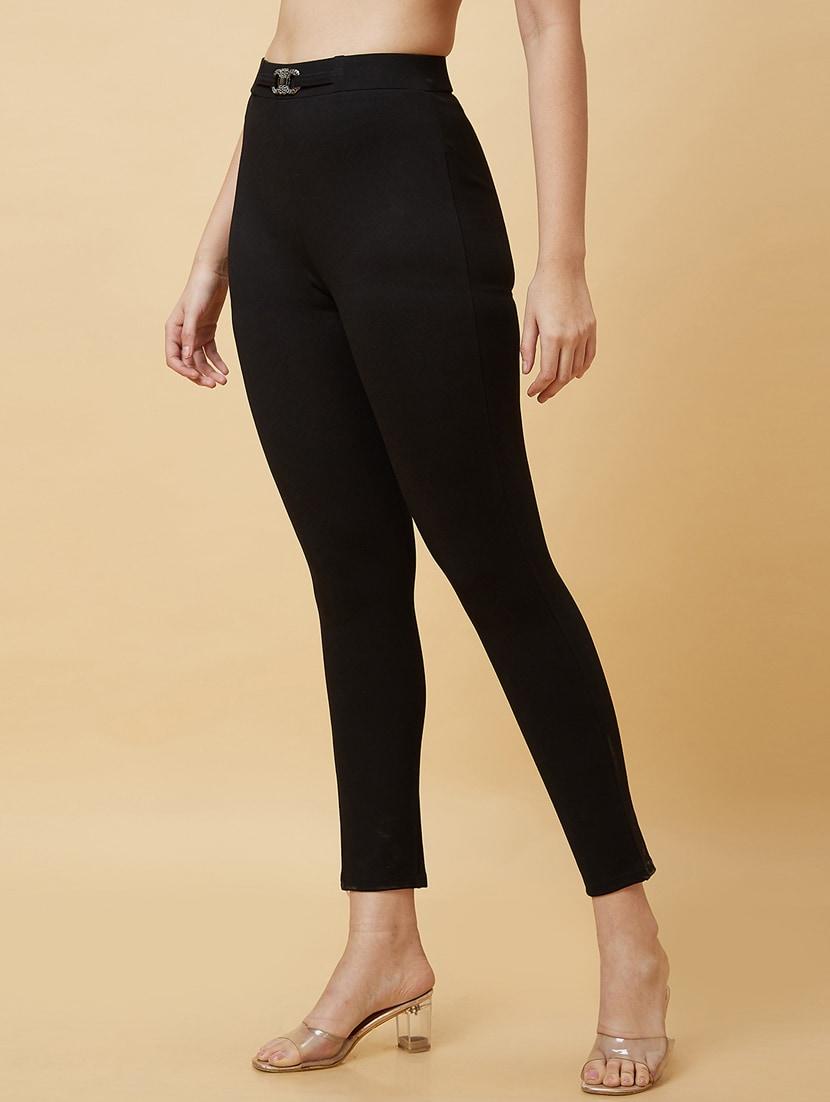 globus women black stretchable mid-rise buckle waist workwear treggings - 20485842 - Standard Image - 2