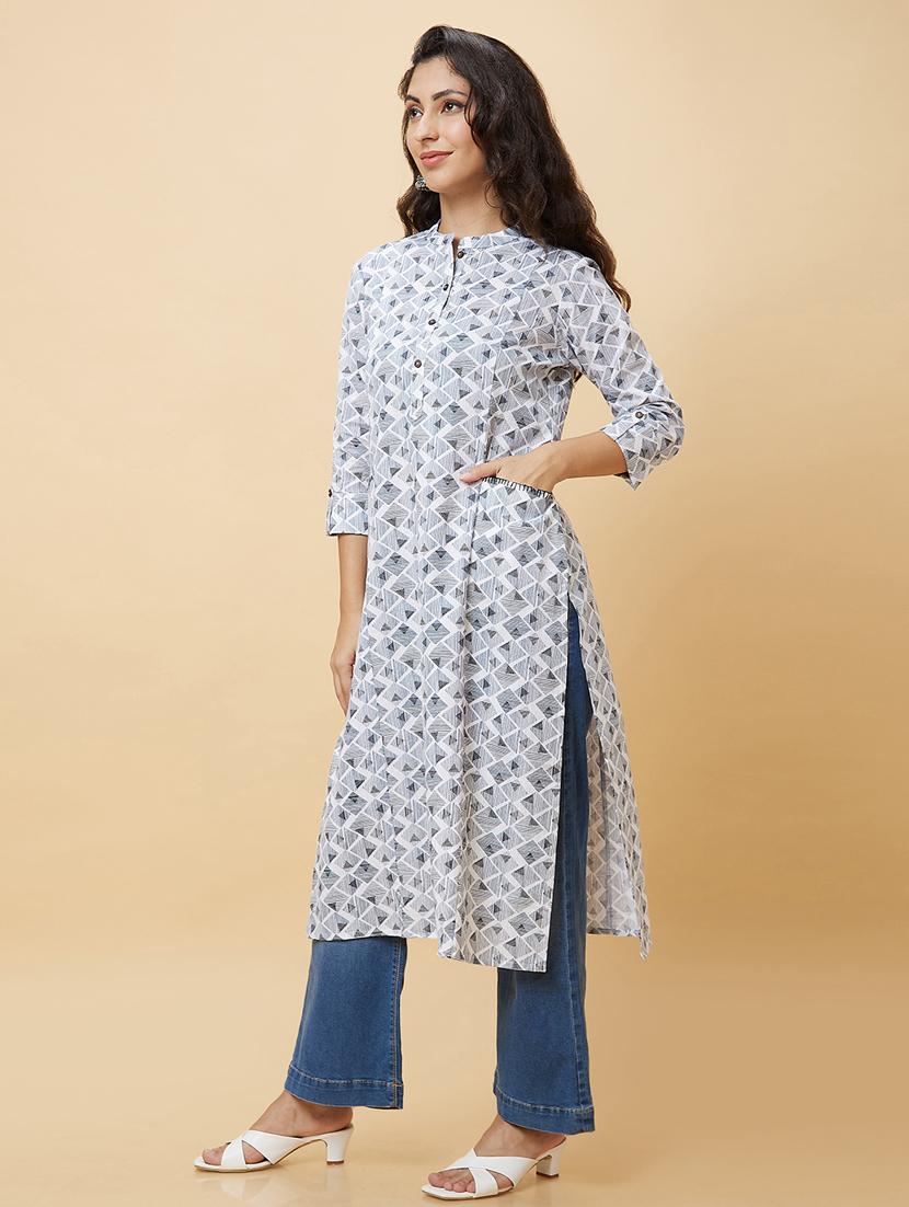 white geometric printed straight kurta - 20485846 - Standard Image - 2