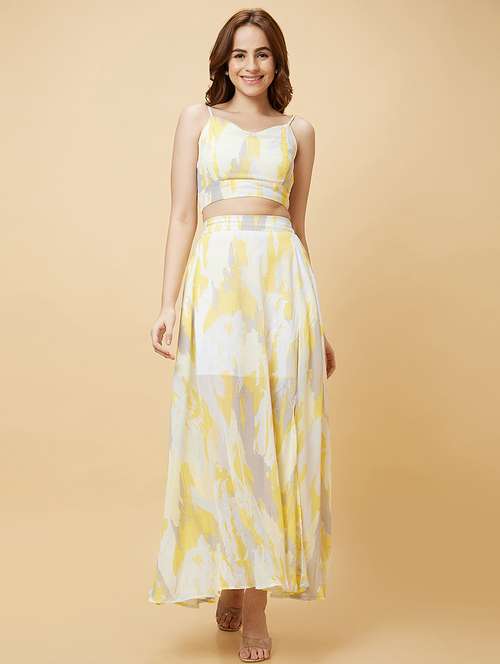 globus women yellow strappy shoulder abstract print smocked crop top & side slit a-line skirt co-ord set - 20485858 - Standard Image - 0