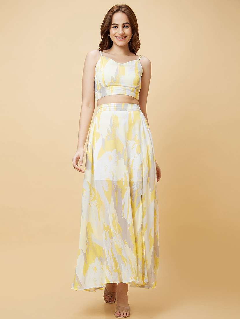 globus women yellow strappy shoulder abstract print smocked crop top & side slit a-line skirt co-ord set - 20485858 - Zoom Image - 0
