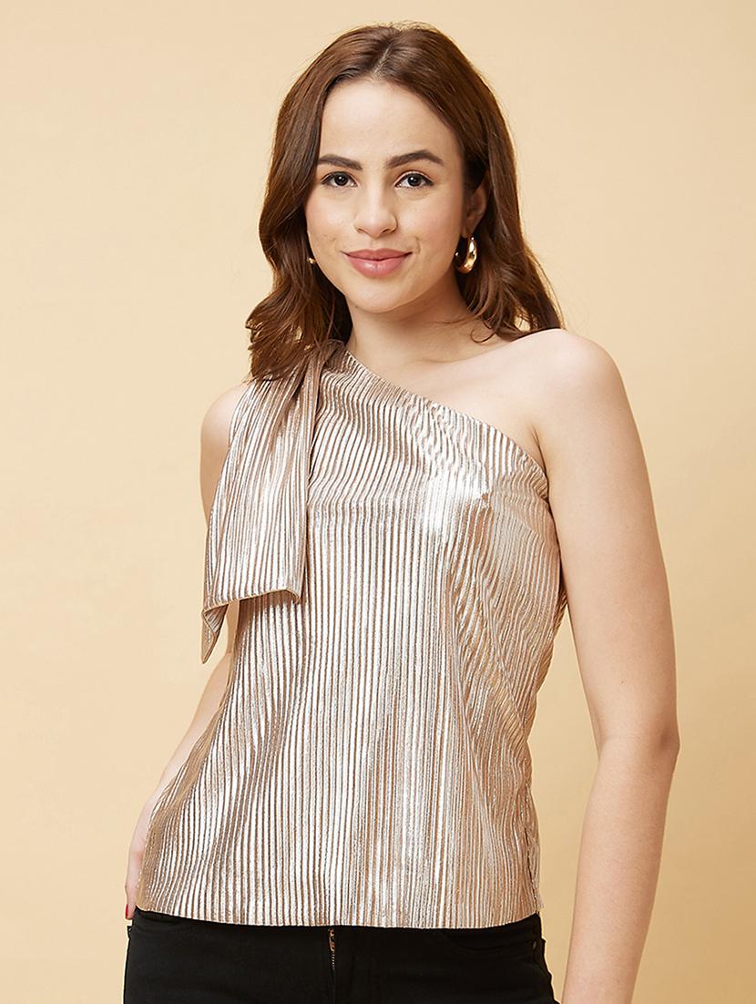 globus women beige opaque one shoulder accordion pleats party top - 20485882 - Zoom Image - 0