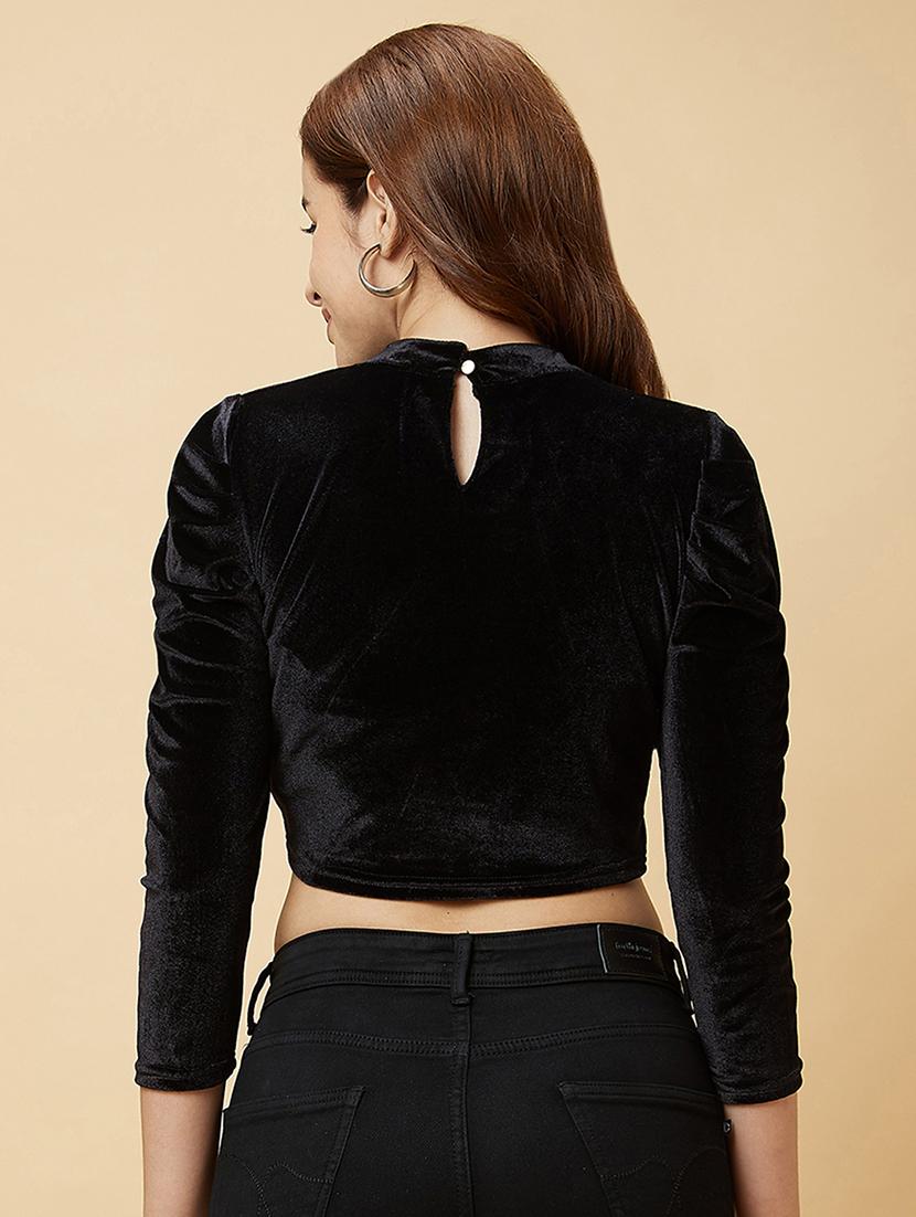 globus women black mock neck fitted velvet party crop top - 20485884 - Standard Image - 2