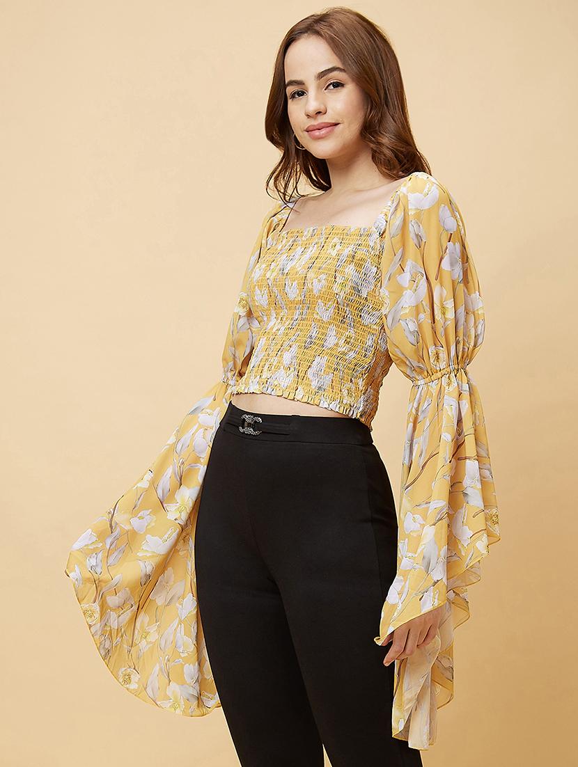 yellow floral printed regular top - 20485898 - Standard Image - 2