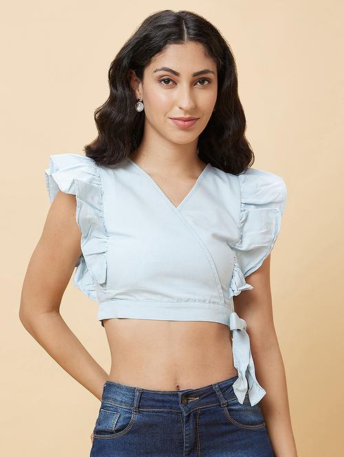 light blue solid crop top - 20485904 - Standard Image - 0