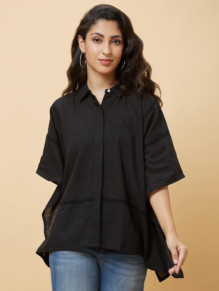 globus women black shirt collar lace inserts asymmetric hem kaftan tunic - 20485907 - Zoom Image - 0