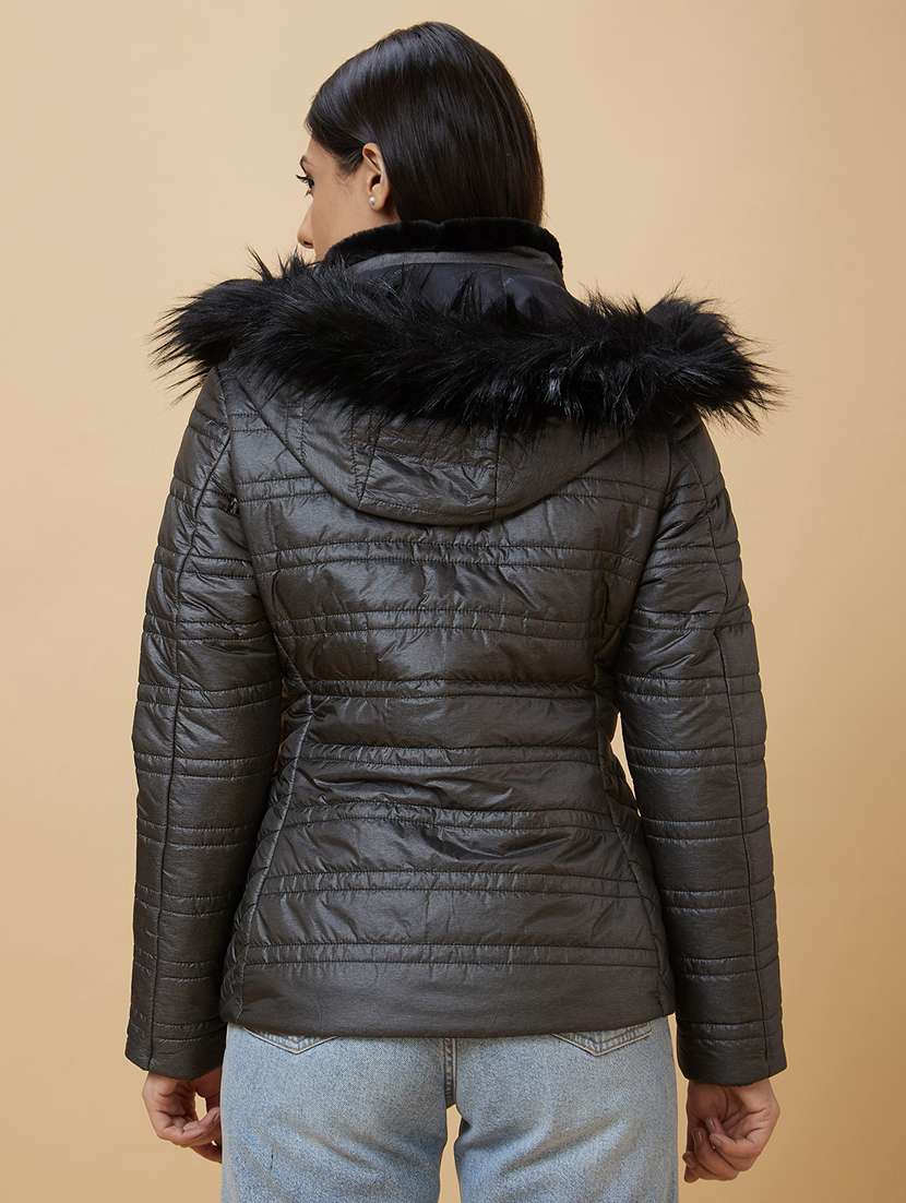 women's solid quilted jacket with fur hoodie - 20485931 - Standard Image - 2