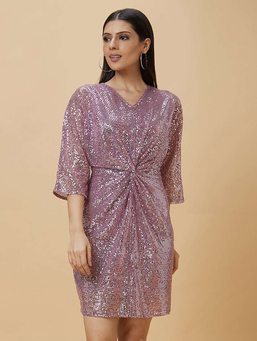 globus women pink sequinned twisted detail sheath party dress