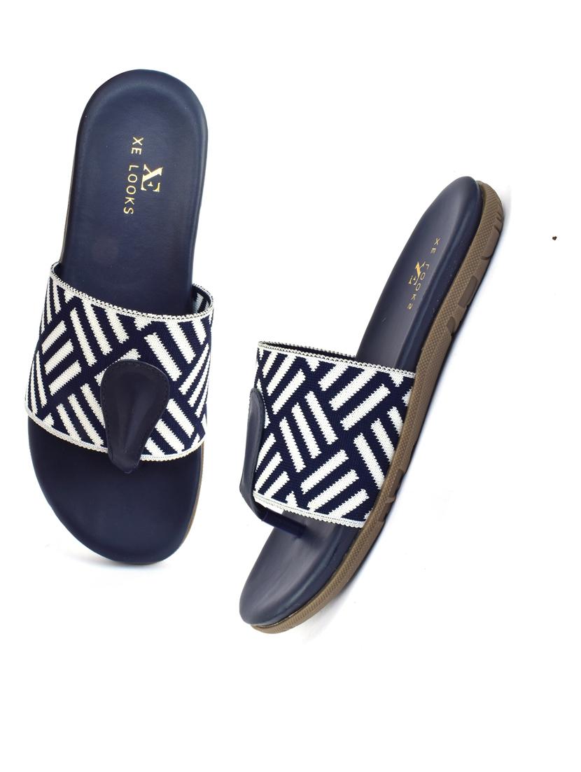 women self designed navy blue slip on flat sandal - 20486022 - Standard Image - 2