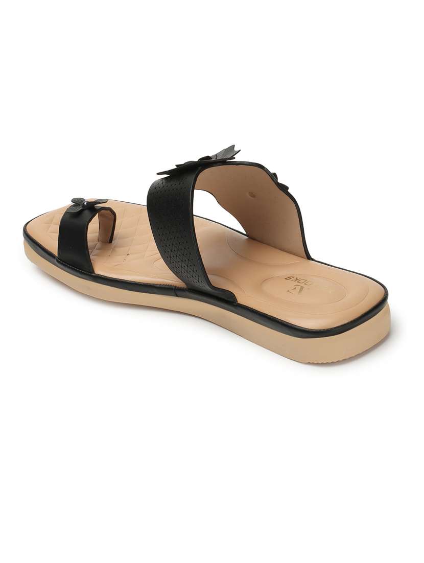 women solid black embellished slip on flat sandal - 20486033 -  Standard Image - 2