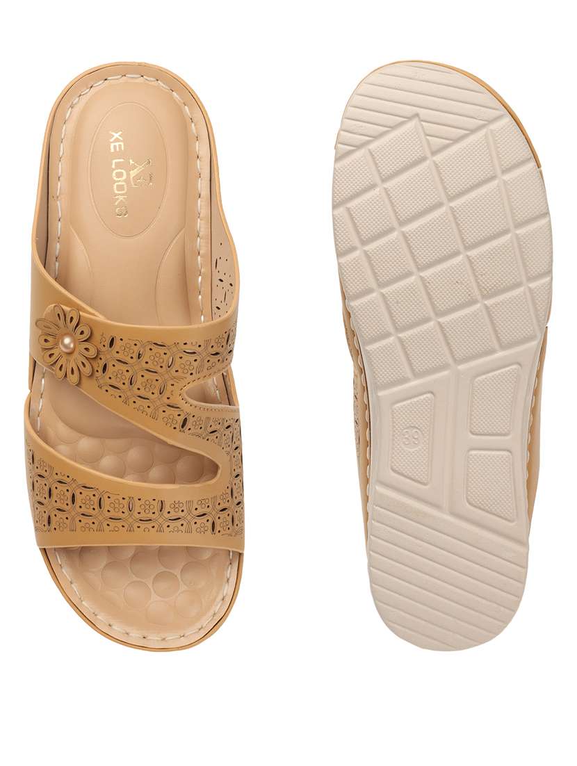 women cut work tan slip on flat sandal - 20486046 -  Standard Image - 2