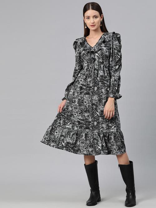 grey floral printed fit & flare dress - 20486541 - Standard Image - 0