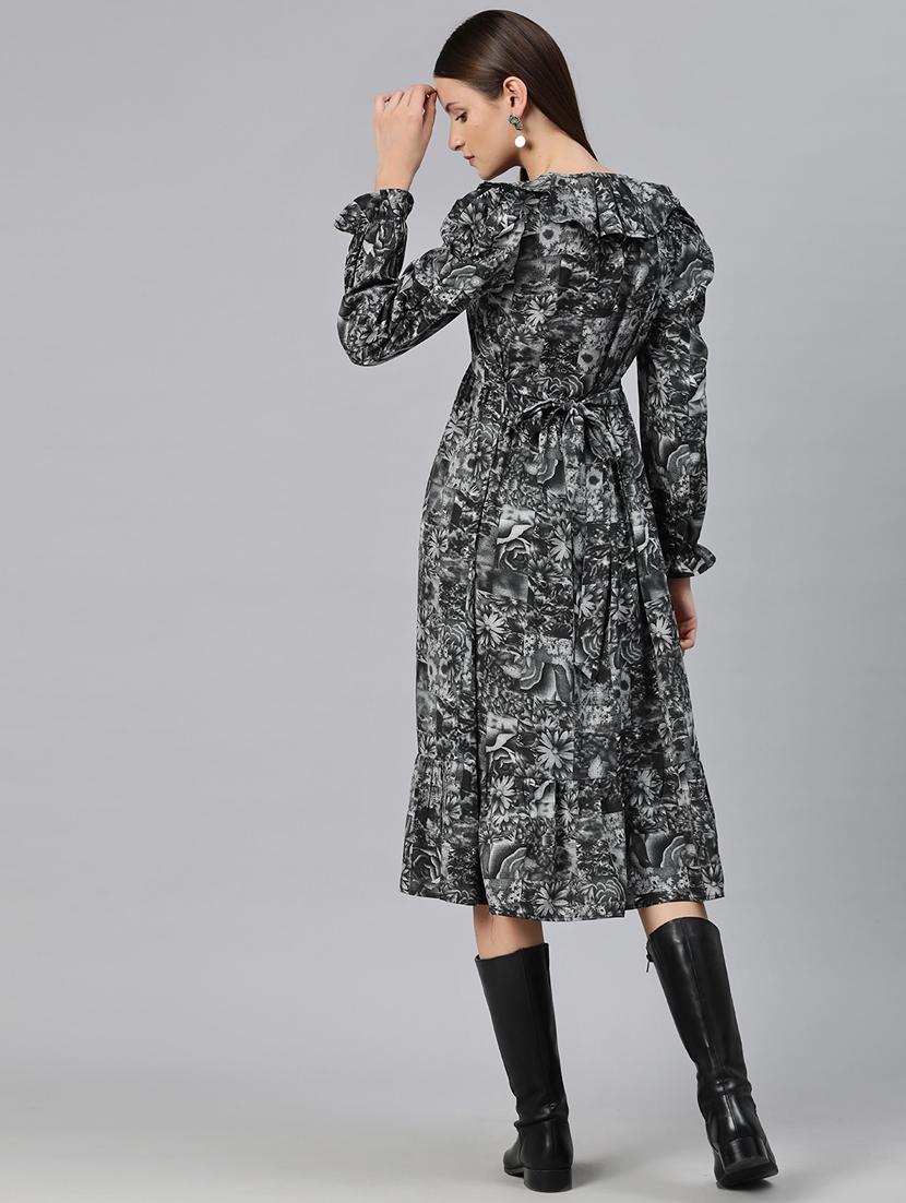 grey floral printed fit & flare dress - 20486541 - Standard Image - 2
