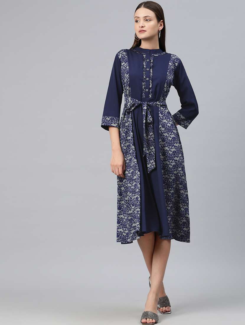 navy blue floral a-line dress