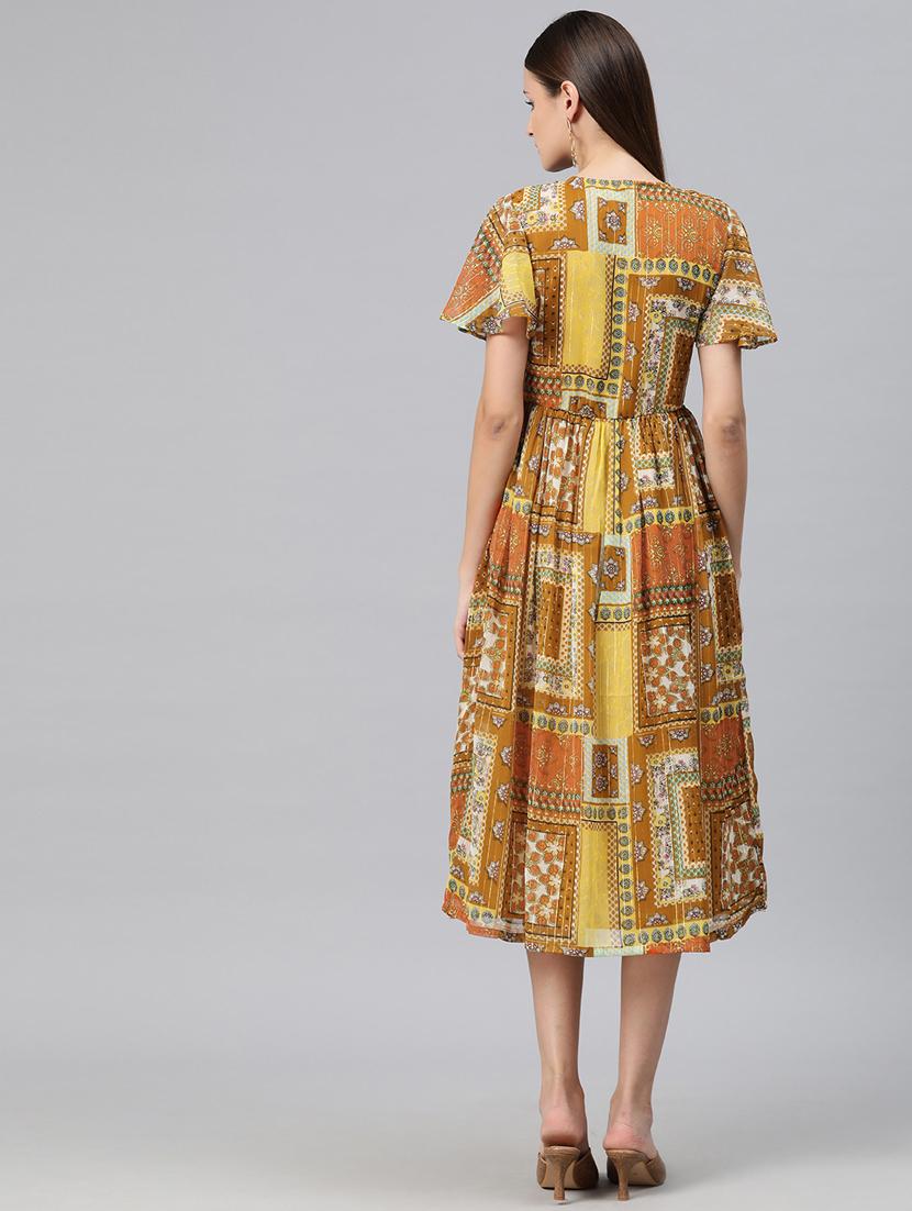 mustard printed fit & flare dress - 20486545 - Standard Image - 2