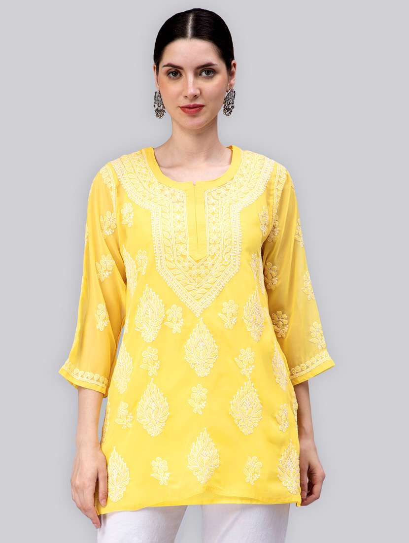 yellow chikankari embroidered short kurti