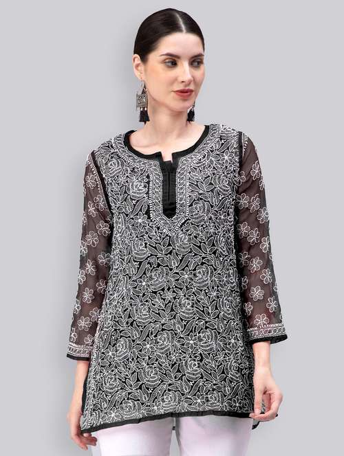 black chikankari embroidered short kurti - 20486707 -  Standard Image - 0