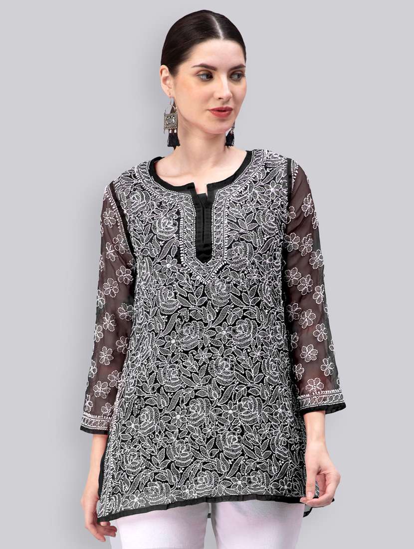 black chikankari embroidered short kurti