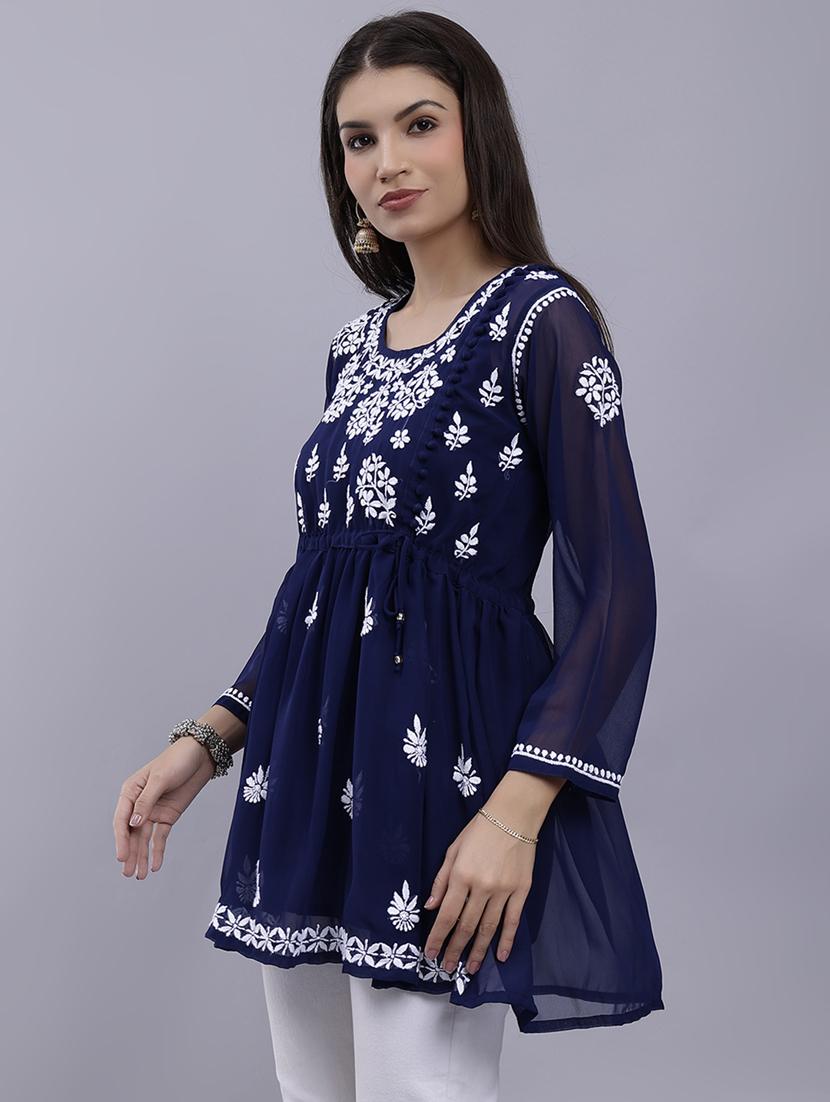 navy blue chikankari embroidered short kurti - 20486708 - Standard Image - 2