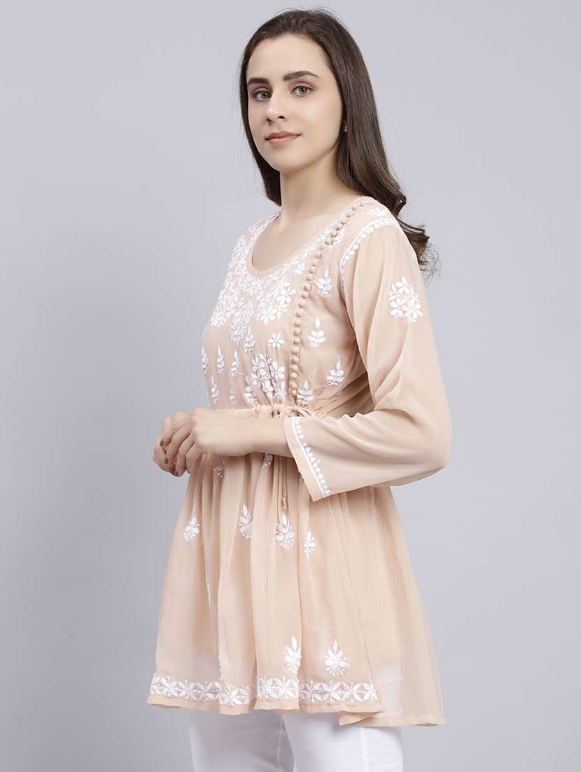 beige chikankari embroidered short kurti - 20486714 -  Standard Image - 2