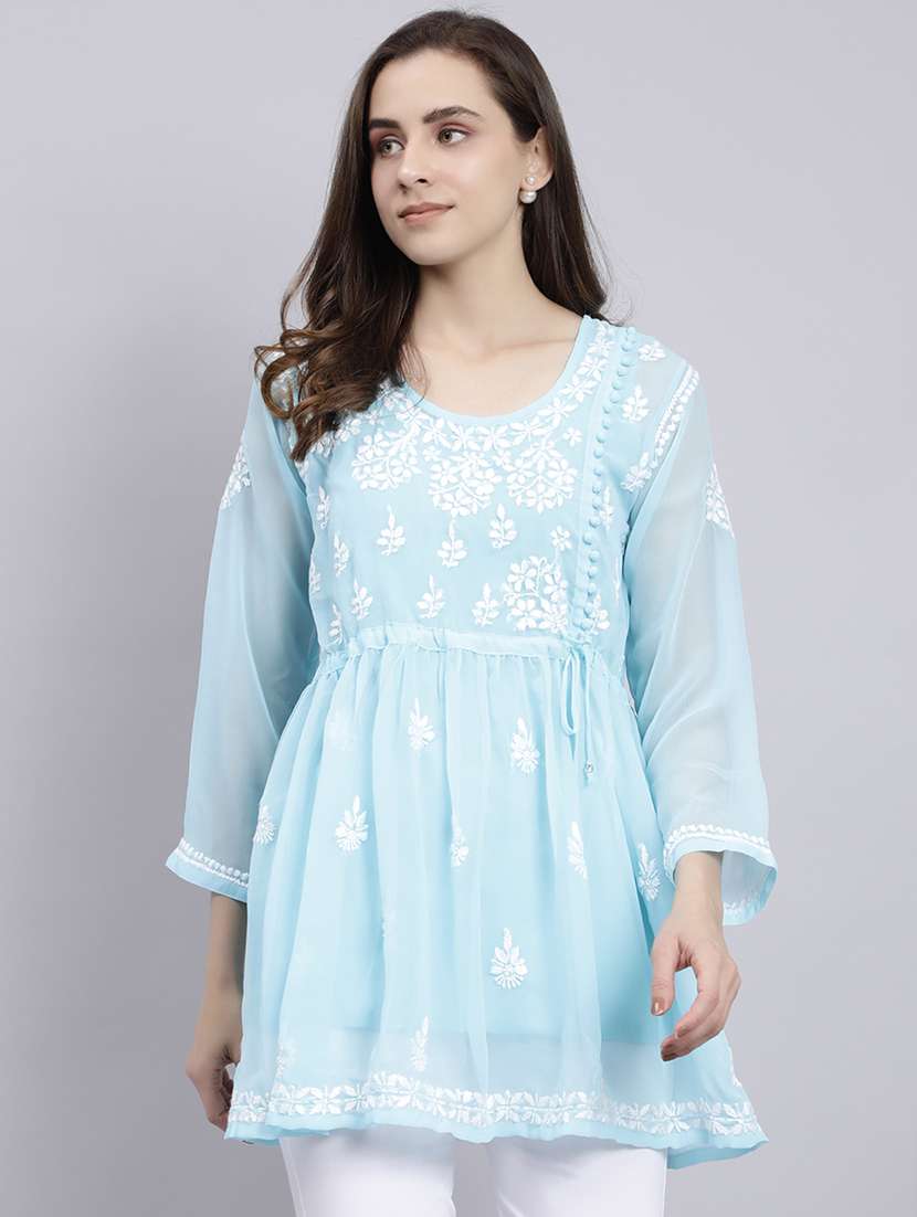 light blue chikankari embroidered short kurti