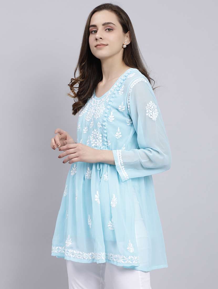 light blue chikankari embroidered short kurti - 20486717 -  Standard Image - 2