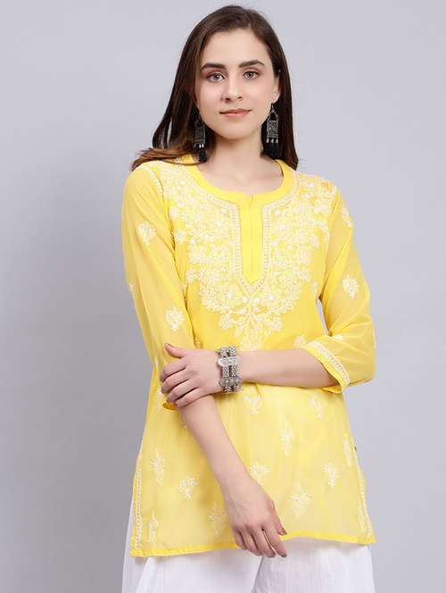 yellow chikankari embroidered short kurti - 20486721 - Standard Image - 0