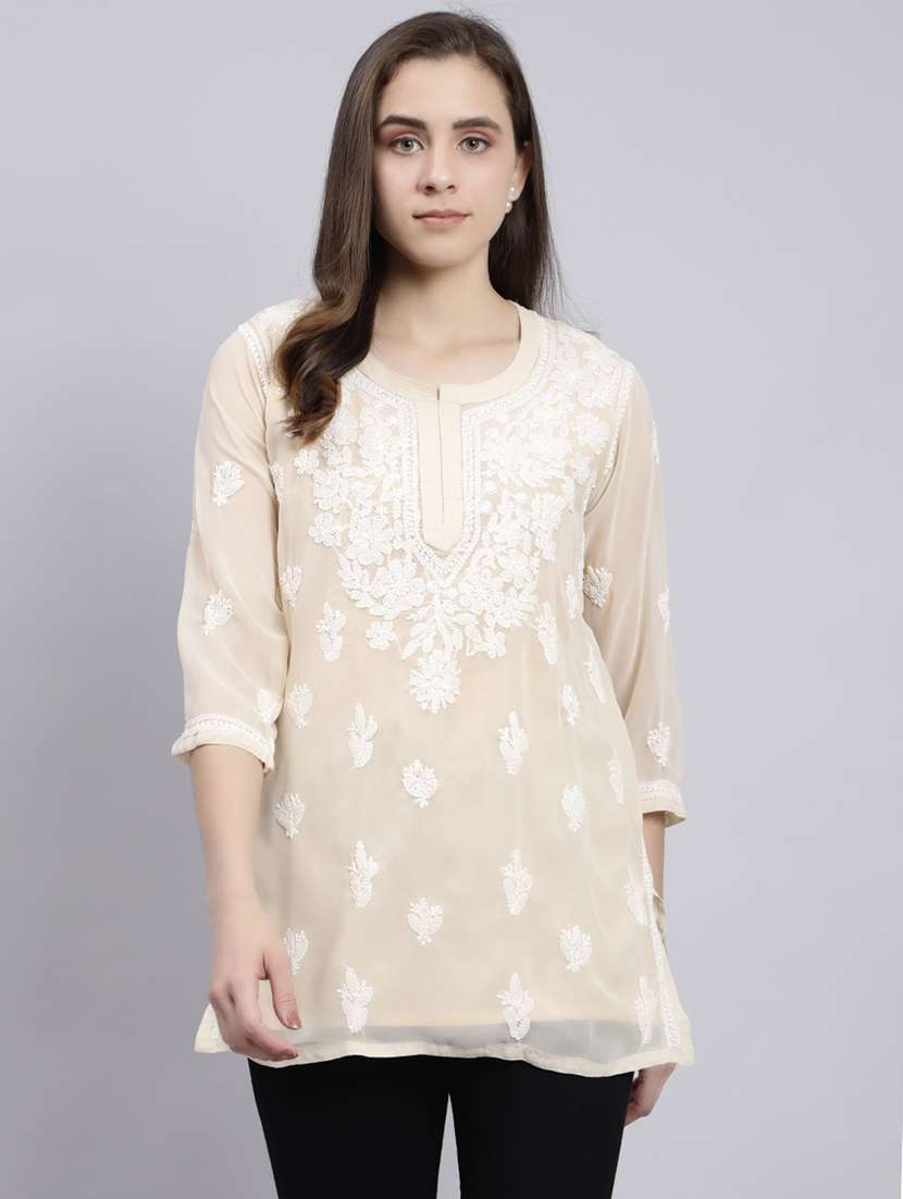 beige chikankari embroidered short kurti