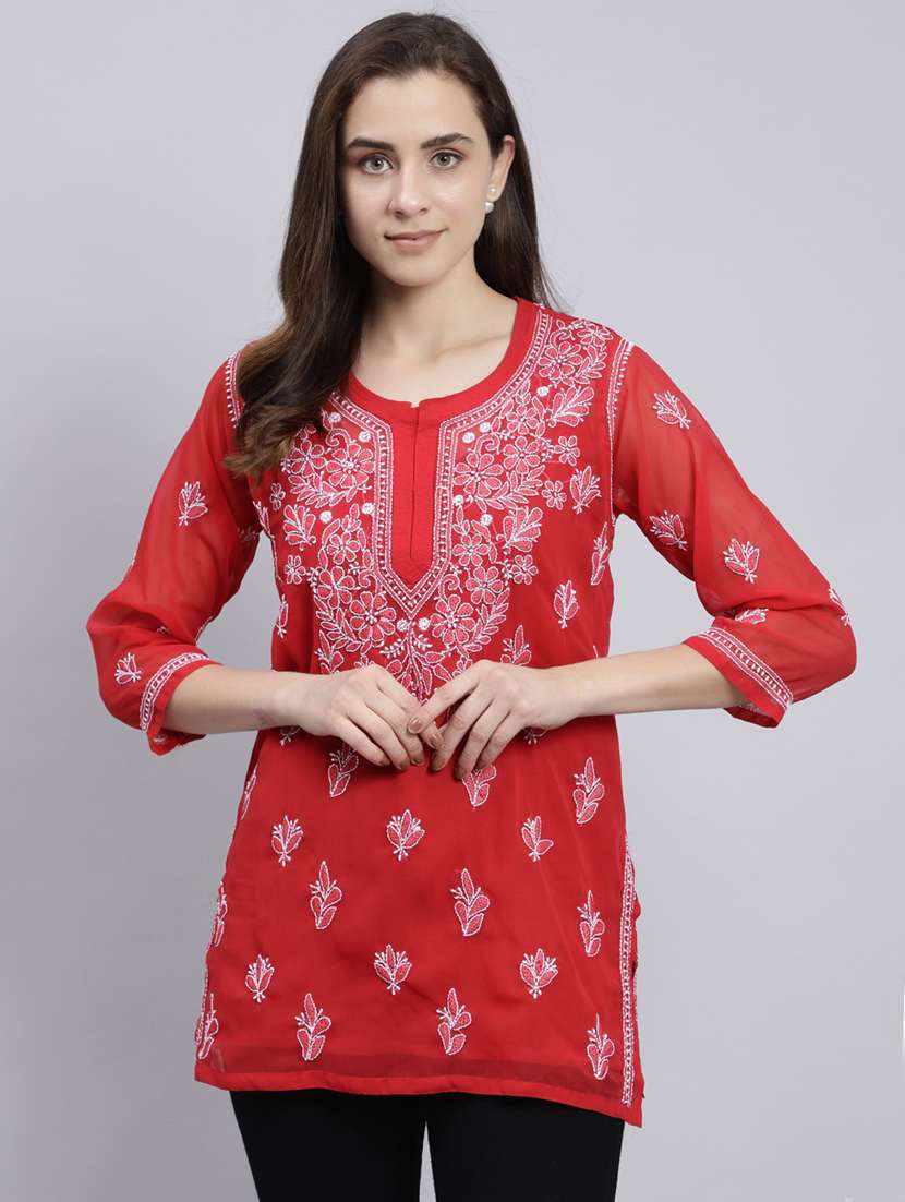 red chikankari embroidered short kurti - 20486723 - Zoom Image - 0