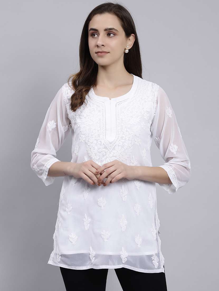 white chikankari embroidered short kurti