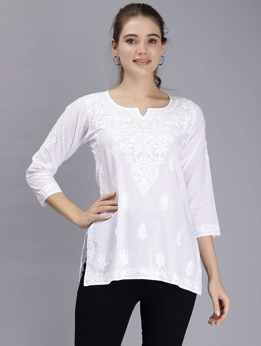 white chikankari embroidered short kurti