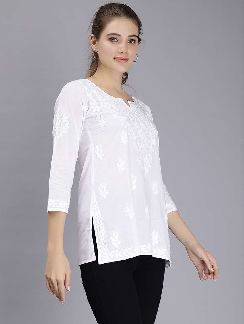 white chikankari embroidered short kurti - 20486726 -  Standard Image - 2